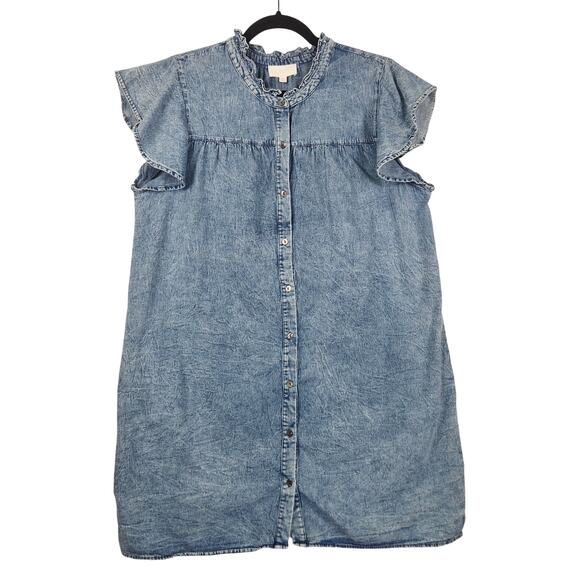 ODDY Denim Dress Women’s SZ XXL Blue Flutter Sleeve Button Front Pockets GUC - Picture 1 of 14